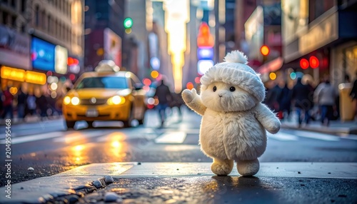 A single fluffy white mitten toy attempts to hail a yellow taxi cab on a busy, brightly lit city street at night.