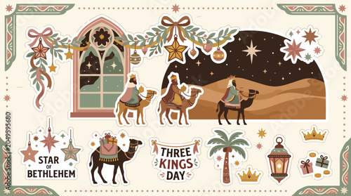Schilderij op canvas Three Kings riding camels desert night.