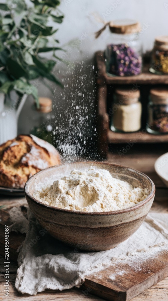 Fototapeta premium A person sifts flour into a large ceramic bowl. The kitchen is warm and inviting. Freshly baked goods sit nearby. Jars of spices are visible on wooden shelves