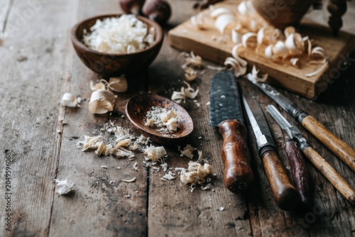 A wooden workbench shows tools like knives and a bowl with shavings on top. Carving activities are happening with numerous wood scraps scattered around. The workspace looks busy with wood pieces