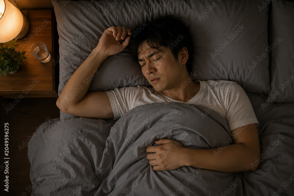 Obraz premium 熱帯夜で寝苦しい様子 男性
