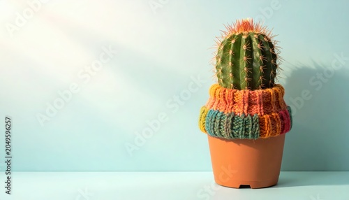 A Single Green Cactus in a Terracotta Pot Wearing a Cozy, Colorful Hand-Knitted Wool Sweater