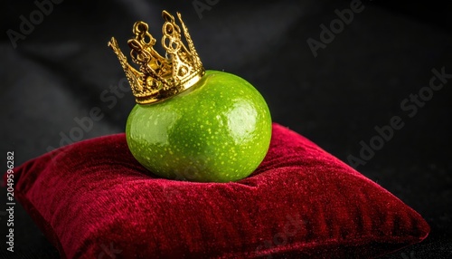 A single green pea adorned with a tiny golden crown rests regally upon a plush red velvet pillow, symbolizing nature's luxury and royal bounty.