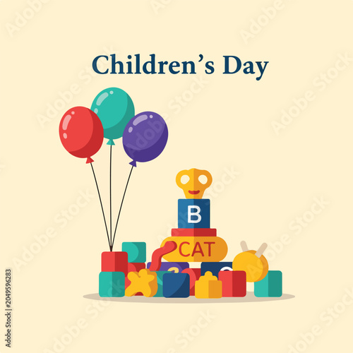 Colorful children's day illustration with blocks and balloons