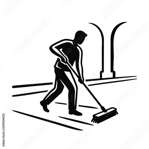 Janitor sweeping floor with push broom. Minimalist black and white cleaning service icon. Vector illustration isolated on transparent background