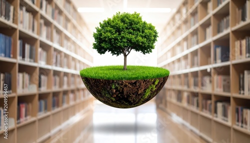 A Single Lush Green Tree Grows on a Floating Island of Earth and Grass Suspended in a Library.