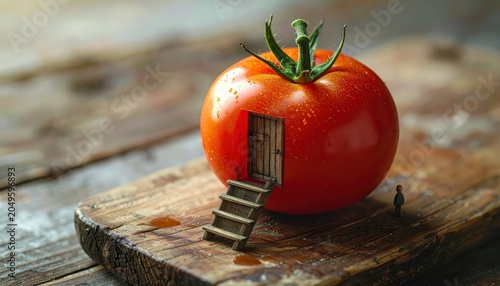 A Single Perfectly Ripe Tomato Features a Miniature Wooden Door and Stairs, Creating a Whimsical Food Art Scene