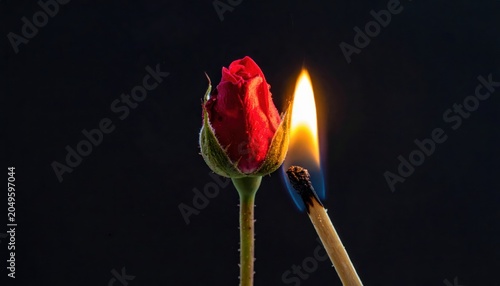 A single red rose bud ignites from a burning matchstick in extreme macro detail