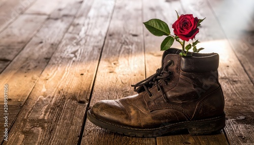 A Single Red Rose Blooms From a Worn Leather Boot Filled With Soil on a Wooden Surface