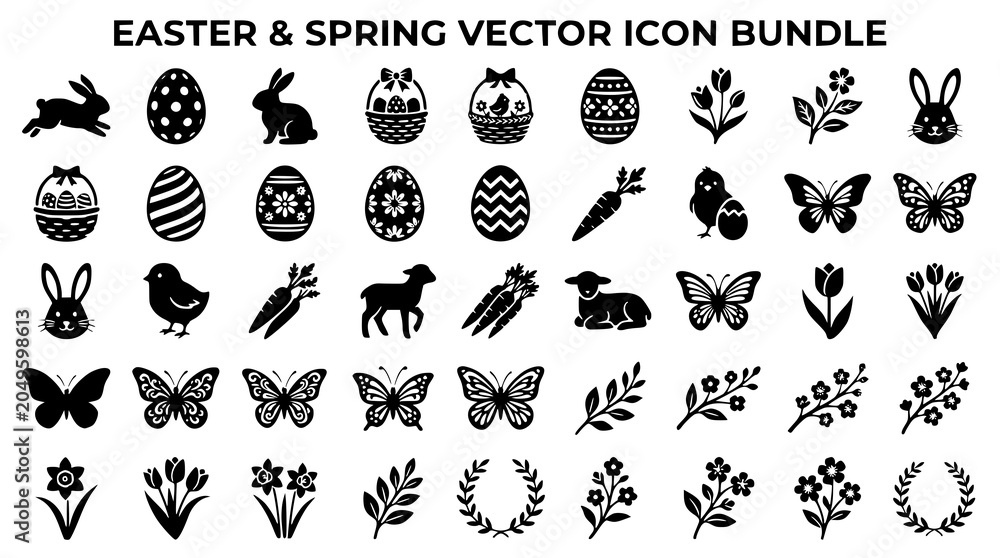 Obraz premium Easter and spring icon collection with rabbit eggs flowers and holiday symbols