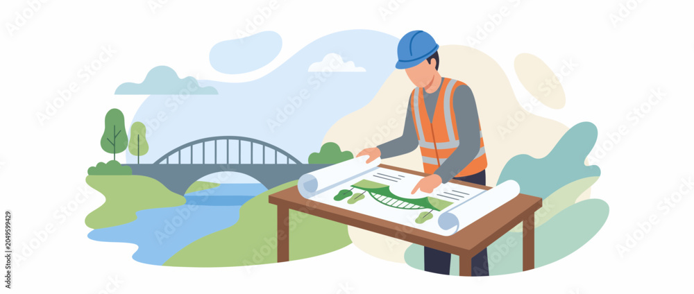 Obraz premium Engineer Planning Bridge Construction Project on Blueprint
