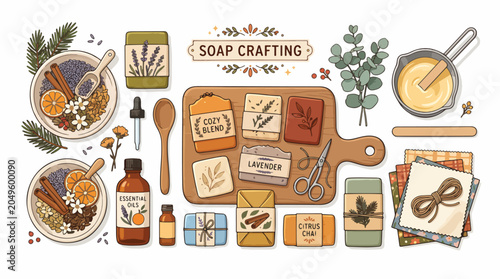 Schilderij op canvas Soap making ingredients and tools.