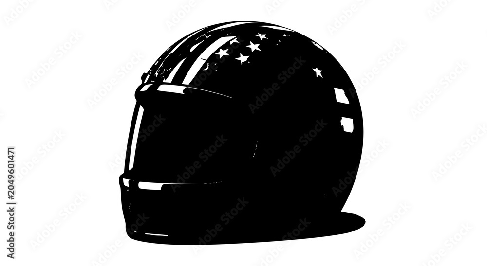 Fototapeta premium Stylized graphic of a black racing helmet with american flag motif, black and white