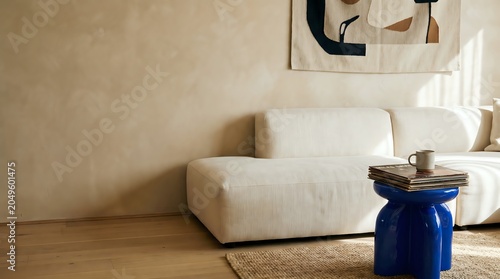 Editorial Midimalism Luxury Living Room with Expressive Decor and Blank Limewash Wall