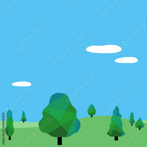 穏やかな春の風景ー木と丘と雲　ベクターイラスト