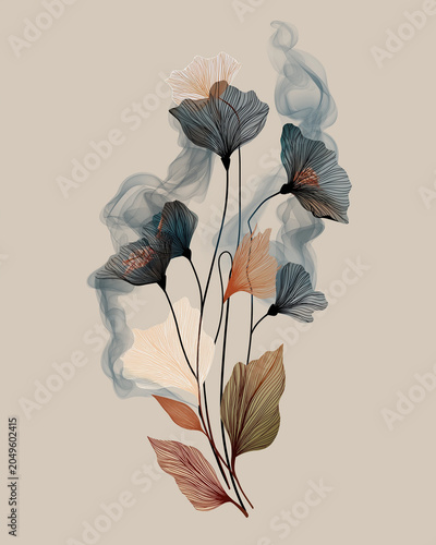 Minimalist Botanical Illustration with Stylized Flowers, Leaves and Flowing Smoke on Neutral Background