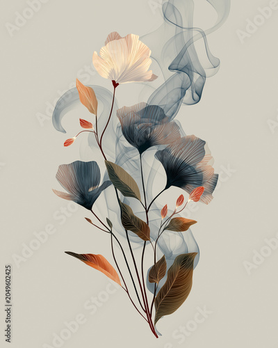 Minimalist Botanical Illustration with Stylized Flowers, Leaves and Flowing Smoke on Neutral Background