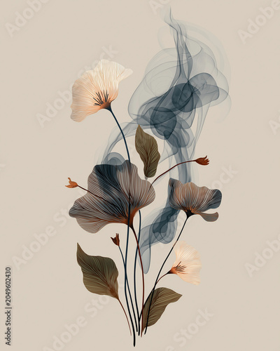 Minimalist Botanical Illustration with Stylized Flowers, Leaves and Flowing Smoke on Neutral Background