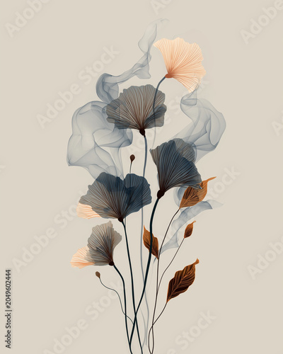 Minimalist Botanical Illustration with Stylized Flowers, Leaves and Flowing Smoke on Neutral Background