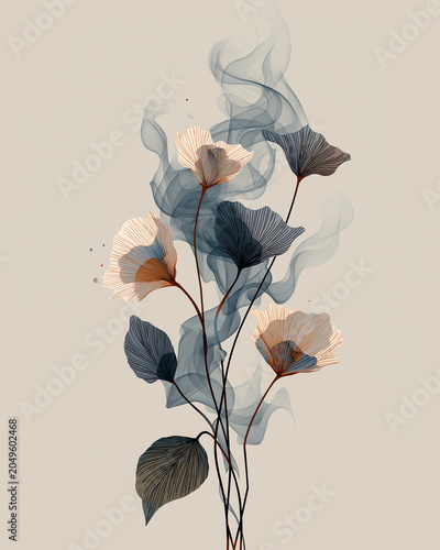 Minimalist Botanical Illustration with Stylized Flowers, Leaves and Flowing Smoke on Neutral Background