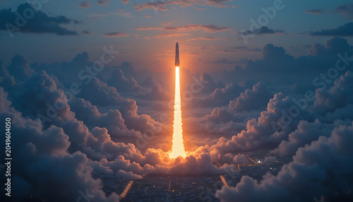 Rocket launching into cloudy sky, flames and smoke
