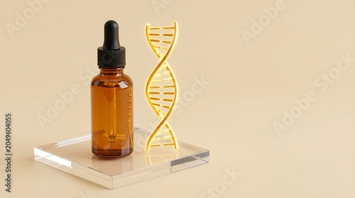 Amber glass dropper bottle with laboratory serum resting on clean transparent acrylic base next to stylized glowing golden 3D DNA strand model isolated on solid light sand colored surface background