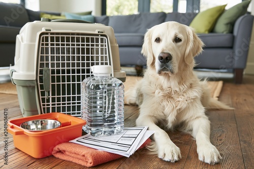 Golden retriever lying near carrier and water for pet evacuation readiness articles