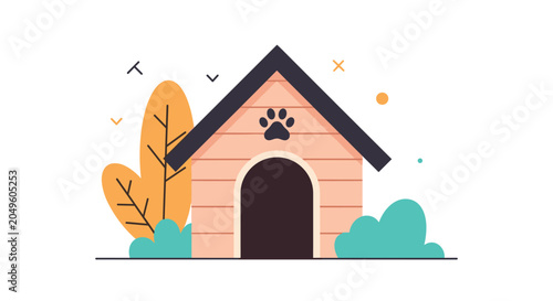 Simple and cozy wooden dog house with a paw print detail, nestled among colorful bushes and stylized trees in a warm outdoor setting.