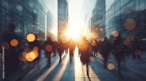 Blurred figures walk through a sun-drenched urban canyon of glass skyscrapers