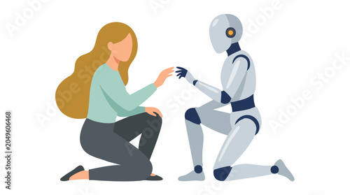 Foto Human and robot kneeling and touching hands, AI interaction concept