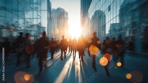 Blurred silhouettes of people walking in a city street towards bright sunlight