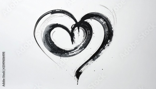 Dynamic black ink brushstroke heart shape on clean white canvas