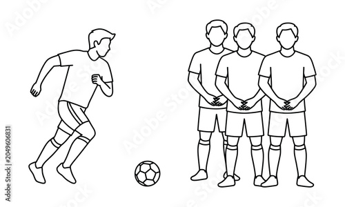 Photography Soccer player dribbling ball past defenders in action