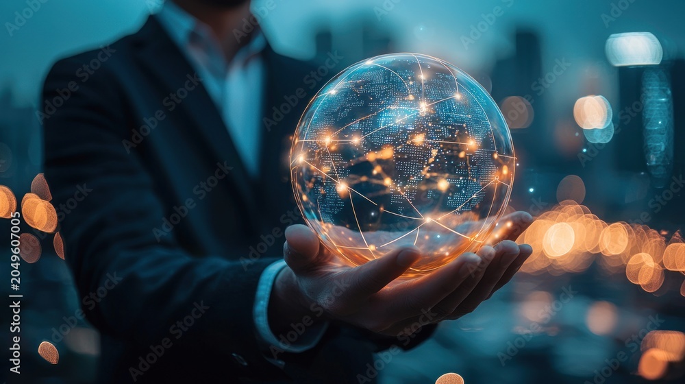 Fototapeta premium Man holding a glowing digital globe