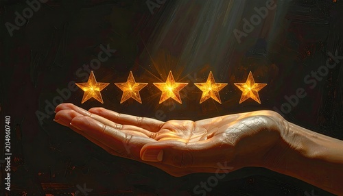 Cupped hand presents five glowing gold stars under a spotlight