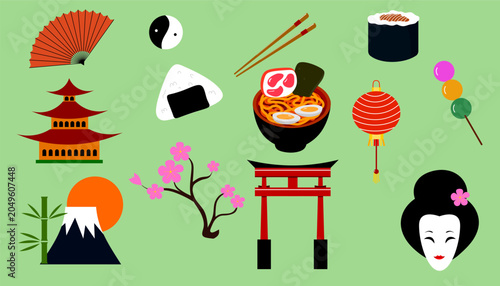Bild auf Leinwand Japanese Culture Sticker Set Cartoon Doodle Collection