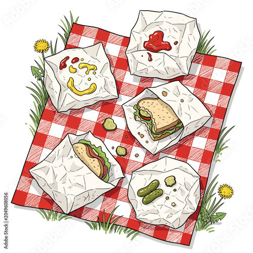 Принти на полотні Sandwiches on a picnic blanket outdoors.