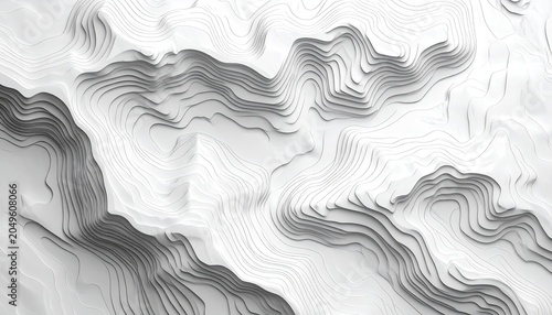 Layered white and gray undulating abstract topographic landscape