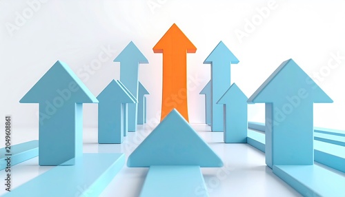 One vibrant orange arrow stands out among many upward blue arrows