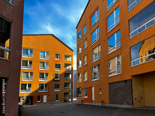 Modern Architecture of New Orange Buildings on a Street in Porvoo (Borgå) Finland. 