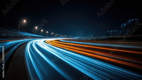Streaking lights on a highway at night, creating a sense of speed and motion
