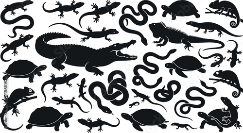 Photos Black reptile silhouettes, crocodile icons, lizard shapes, snake symbols, turtle outlines, chameleon mascots, exotic wildlife figures, tropical animal collection, predatory reptiles