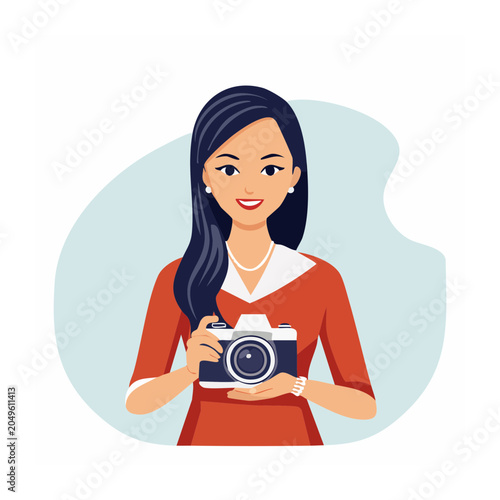 Woman holding a camera, flat design illustration