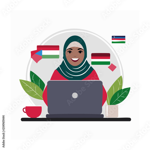 Woman in hijab working on laptop with international flags