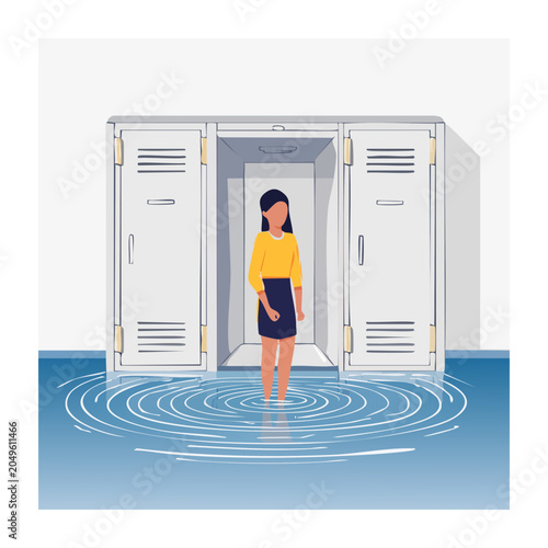 Woman standing in flooded locker room