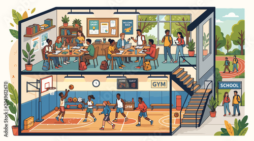 School interior with gym and cafeteria.
