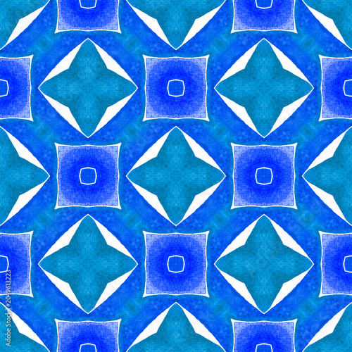 Watercolor medallion seamless border. Blue lovely boho chic summer design. Textile ready quaint print, swimwear fabric, wallpaper, wrapping. Medallion seamless pattern.