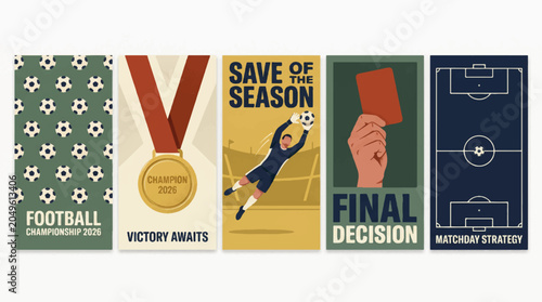 Foto Vintage Football Championship Story Template Set Featuring Champion Medal Goalke