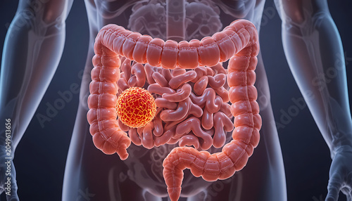 Human digestive system with inflamed intestine and virus, abdominal anatomy human body colon