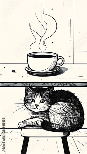 Black and white illustration of coffee cup with cat beneath a table